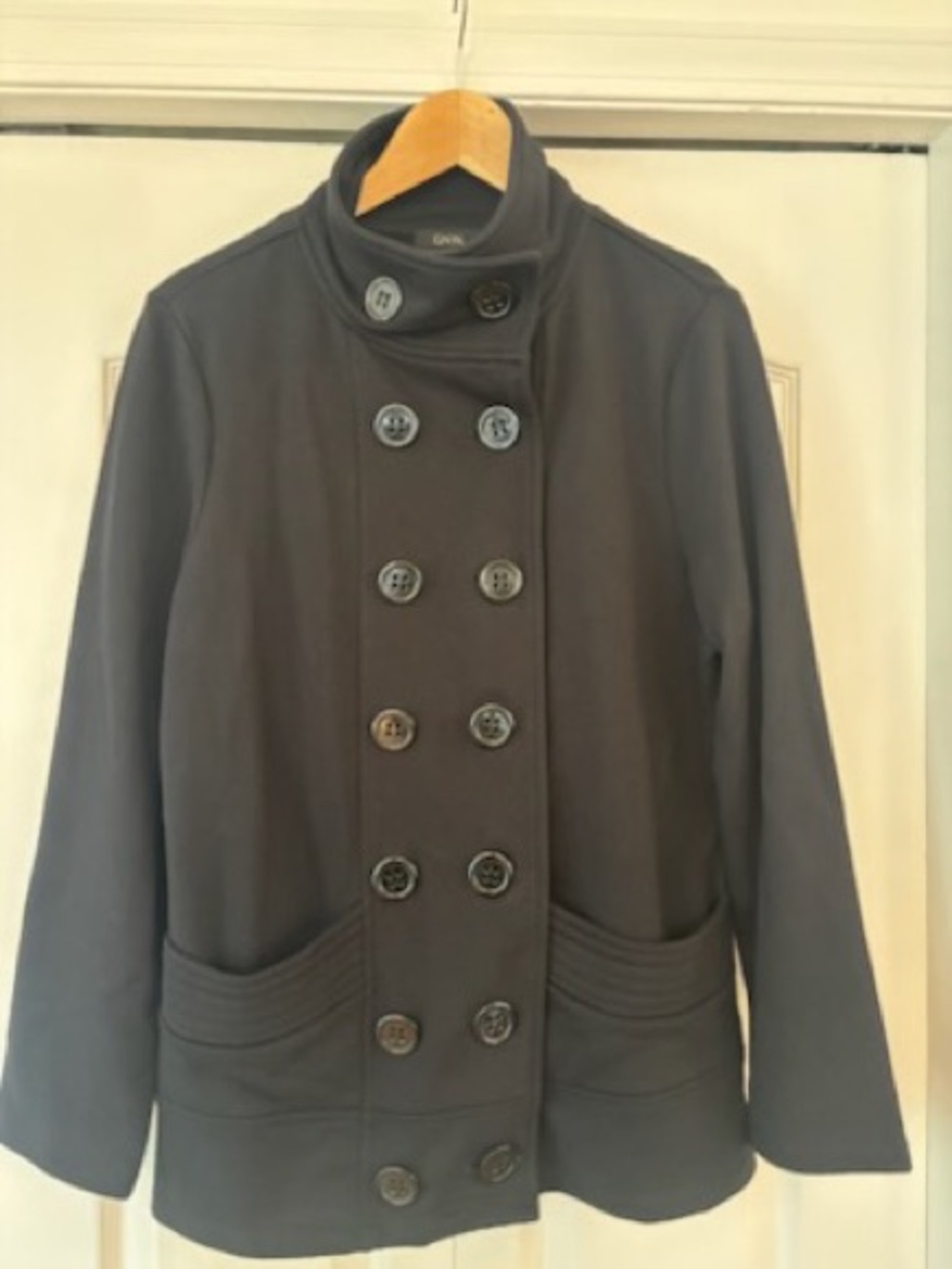 GNW Women's Black Double-Breasted Peacoat with Stand Collar